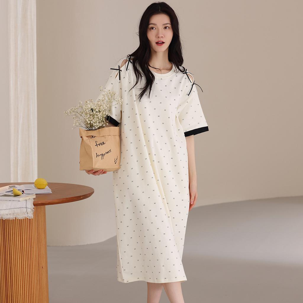 Pajamas Women's Pajamas Skirts Summer Summer Cotton Short Sleeves Thin Long Stripes Casual Wear Loungewear