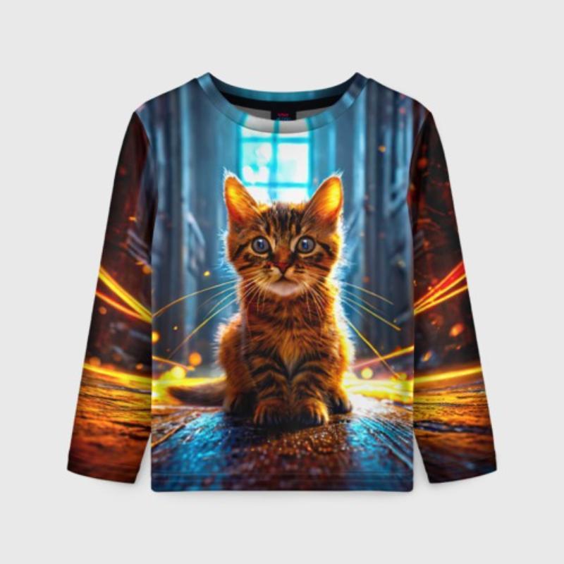 Children's Cartoon Animal Kitten Print Multi-color Print T-shirts Boys Cute Long Sleeved Soft Comfortable Top