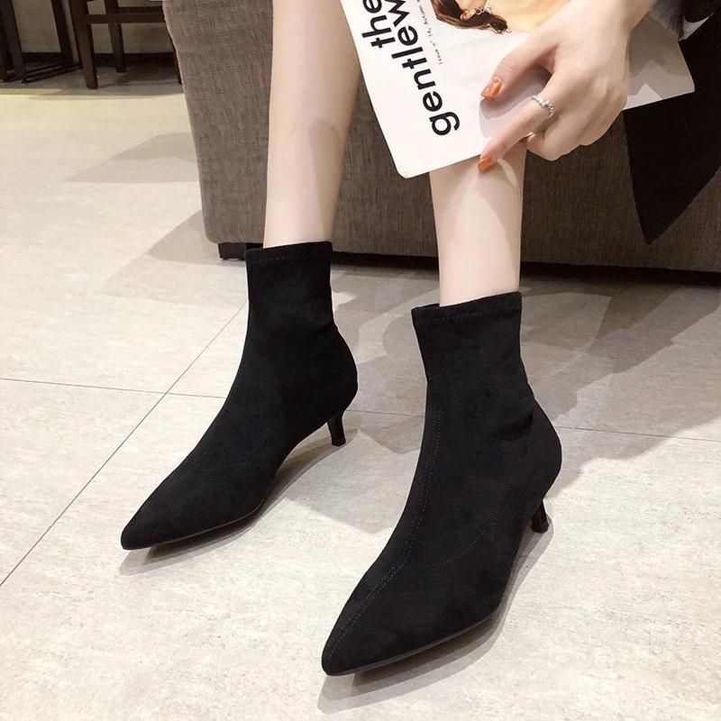 Fashion Ladies Shoes 2024 Modern Women's Boots Elegant Mid-Calf Boots Women Sewing Pointed Toe Thin Heels Slip On Outdoor Shoes Women