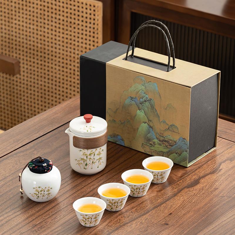

Golden silk bamboo rhyme ancient rhyme pot tea set living room office guest reception Dehua white porcelain set light luxury gift box gift