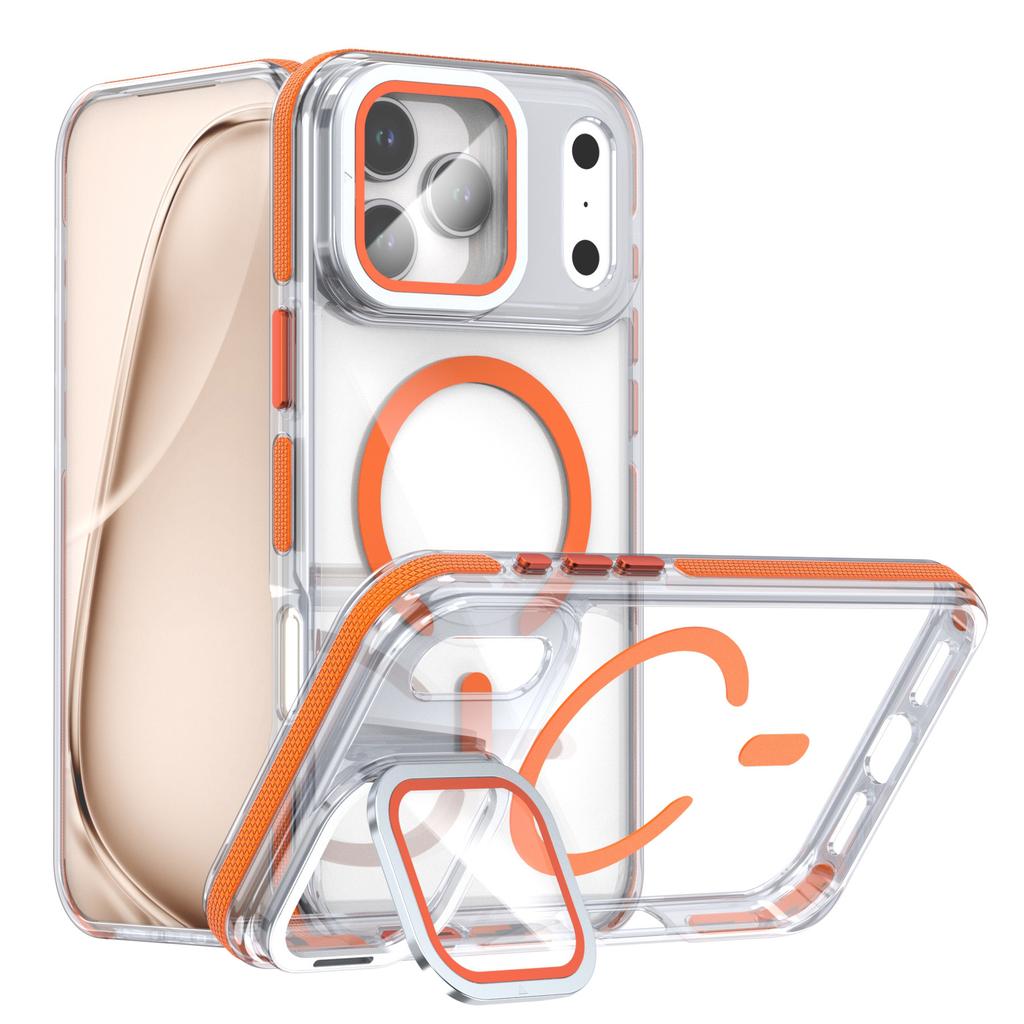 For iPhone 17 Pro Max Magnetic Case TPU Acrylic Clear Phone Back Cover with Lens Protector Kickstand