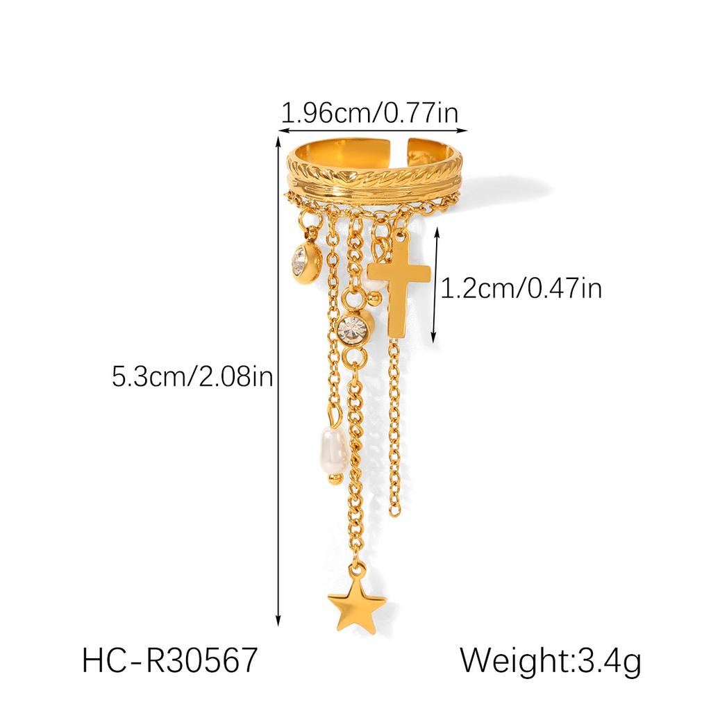 Euro-American style stainless steel star cross zircon ring for women, niche design open ring, titanium steel tassel hand jewelry
