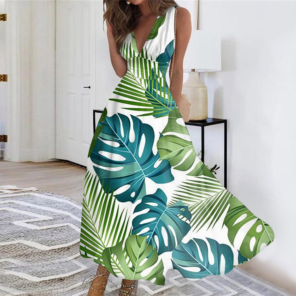 Women's Summer Fashion Hawaiian Print V-Neck Sleeveless Tunic Casual Dresses