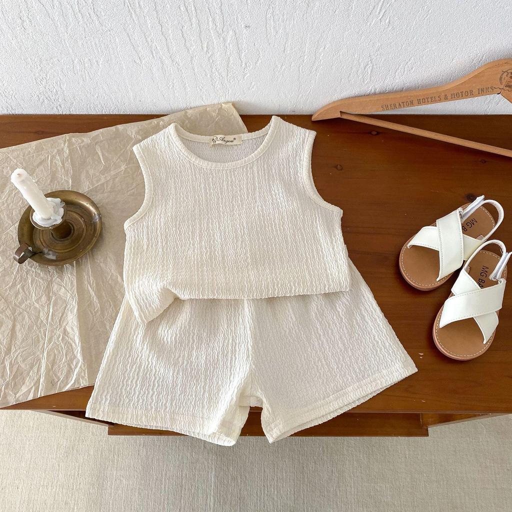 Kids 2024 Summer Korean-Style Soft Cotton Pleated Vest and Shorts Set for Boys and Girls