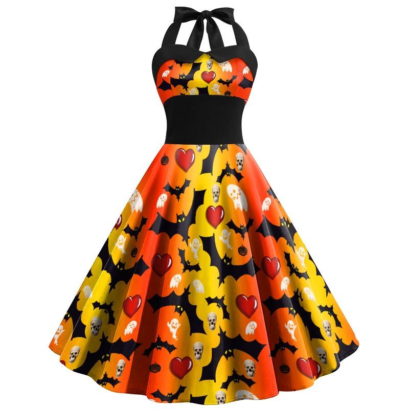 Summer New Halloween Dress Skull Cobweb Printing Costume Women's Strap High Waist Dress Children
