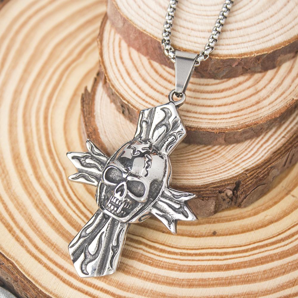 Titanium Steel Punk Skull Cross Necklace Men's Pendant Rock Accessories Pendant