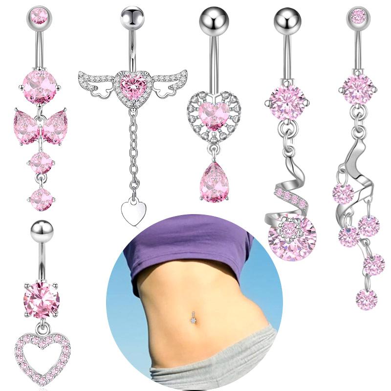 Anelli per ombelico a farfalla in acciaio inossidabile con zircone rosa per donne Anelli per ombelico a cuore Gioielli per piercing al corpo