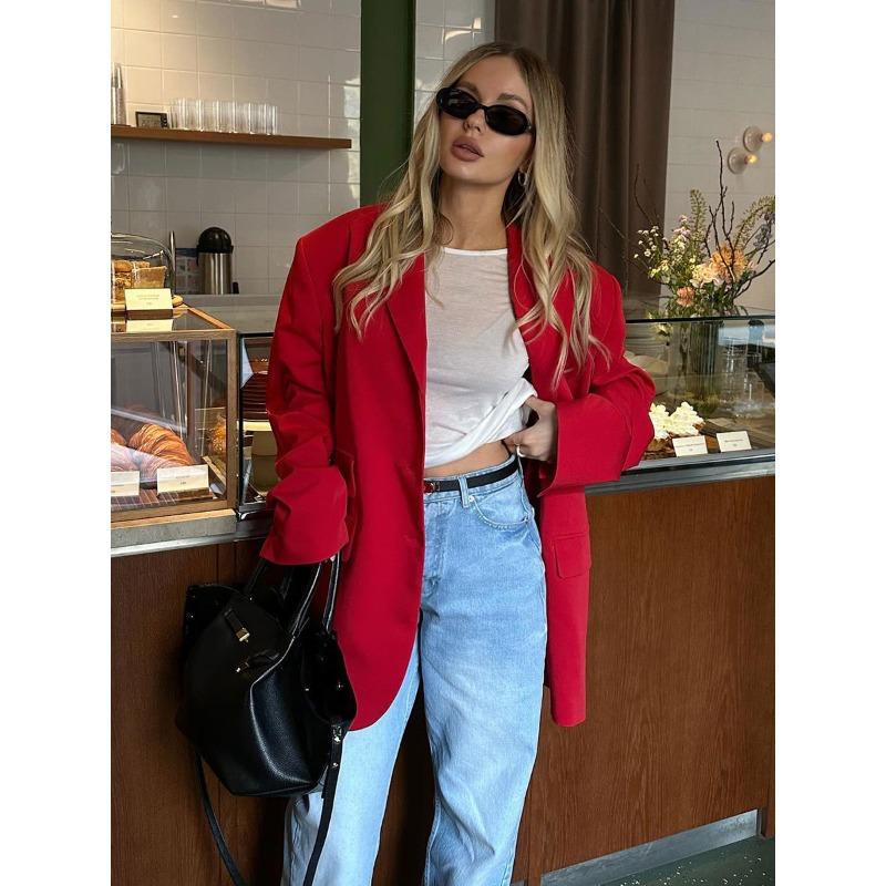 

Женский летний темпераментный свободный пиджак с карманами на лацканах S красный