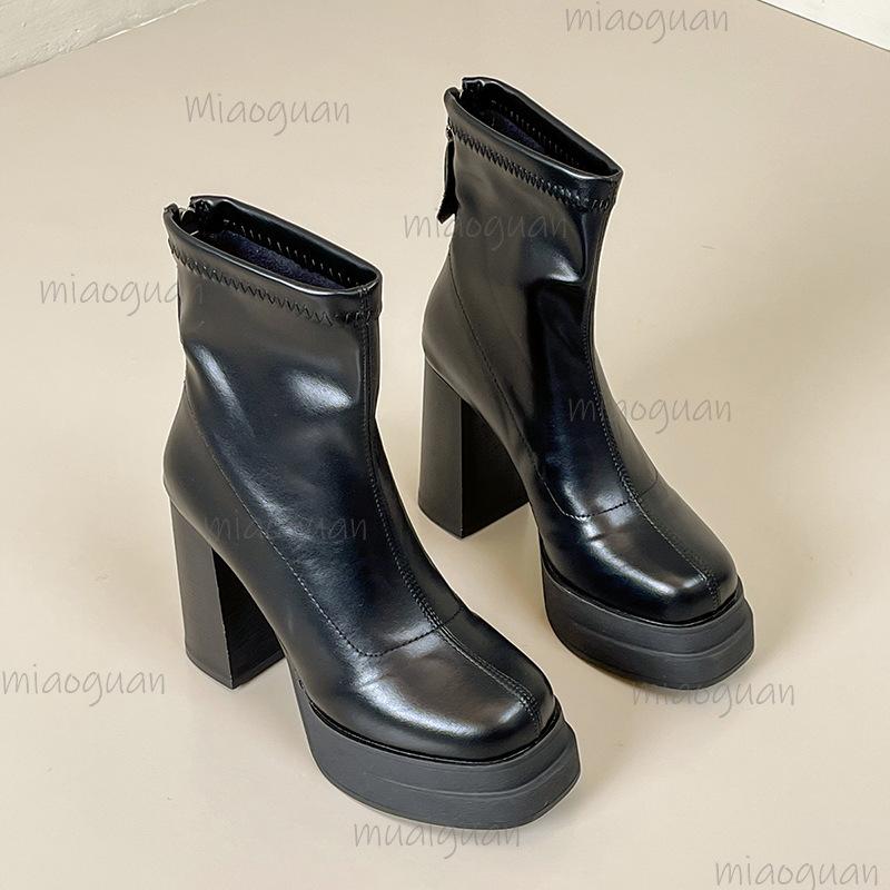 Fashion Women Platform Super High Heel Fashion Short Boots Thick Heel Non-slip Ankle Boots Black Leather Party High Heels Tacones Size35