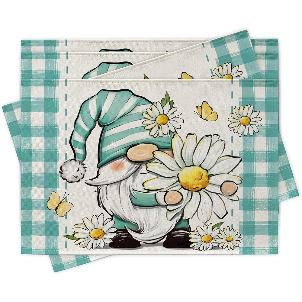

Easter Gnome Placemats Linen Farmhouse Spring Table Mats Daisy Flower Kitchen Decor Washable Heat Resistant Dining Set Of 4 4Pcs-30X45cm(12X18in