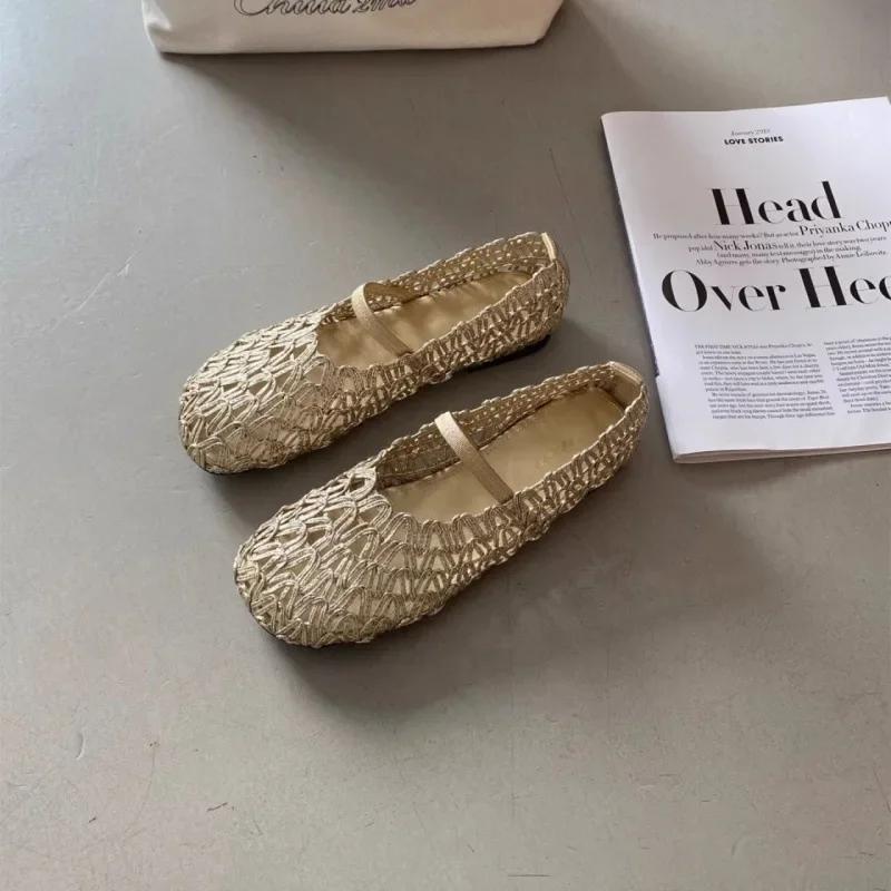 Retro Woven Fisherman Shoes Women's Spring Summer Breathable Open-Toe Flat Bottom Mary Jane Sandals for Skirts Casual Leisure cm oro