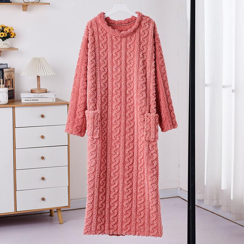 Fashion Winter Women Nightgowns Jacquard Dress Night Dress Loose Solid Color Thickened Flannel Sleepwear Home Clothes