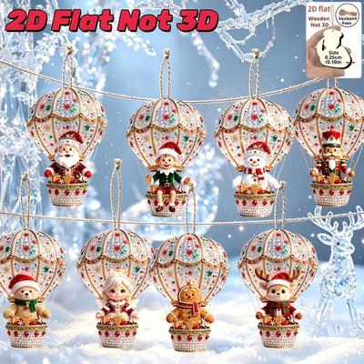 8Pcs 2D Flat Christmas Pendant Hot Air Balloon Santa Claus Gingerbread Man Wooden Hanging Ornament Xmas Tree Holiday Decor