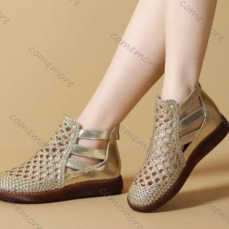Comemore Round Toe Thick Sole Sneakers Sandals Women Summer 2025 Hollow Out Casual Roman Style Sandales Back Zip Vulcanize Shoes