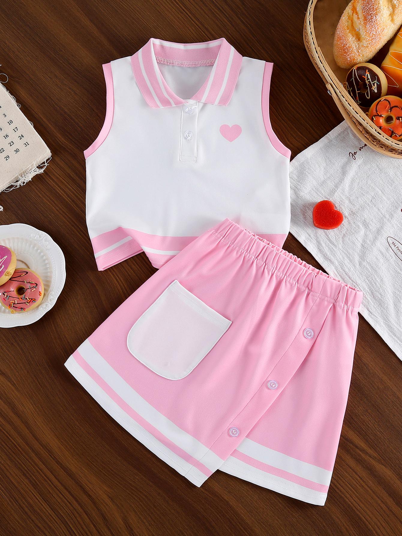 

Two-piece summer set for girls and toddlers: sweet heart-embroidered color-blocked striped sleeveless collared top and cute slit knit skirt. 7Y рожевий