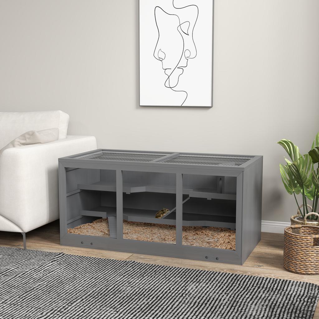 Wooden Hamster Cage, Small Animals Hutch with Tray, Openable Top, Exercise Play House Pen, 115L x 57W x 55Hcm, Grey