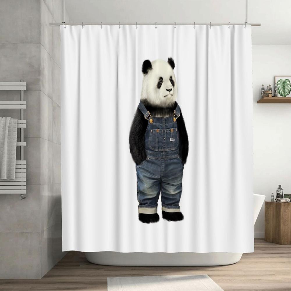 Cute Panda Bathroom Shower Curtain Sets Waterproof Forest Animal Decor Hippie Wall Art Home Decor Farmhouse Style Modern Black W