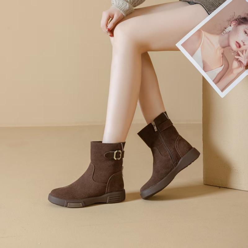 Fashionable Thick-soled Shoes, New Women's Boots, Belt-buckle Boots, Flat-leg Mid-calf Boots