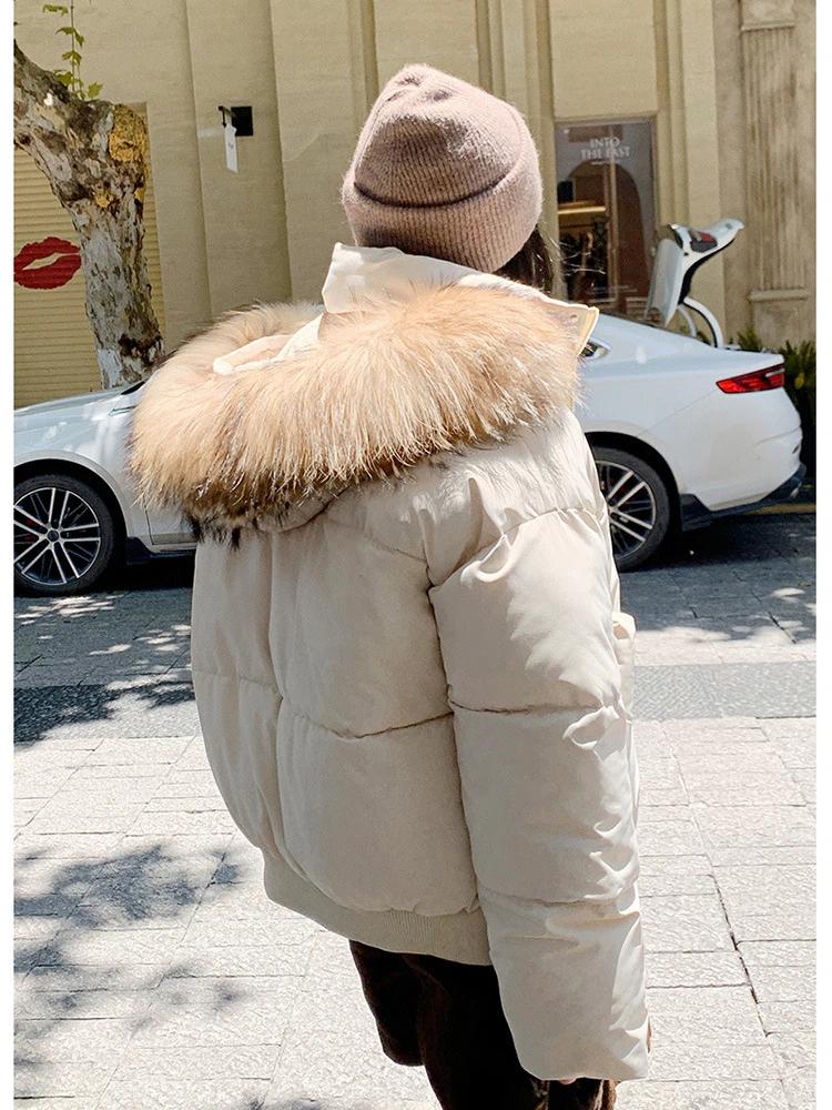 Dámská krátká bunda s velkou kožešinovou kapucí, větruodolná, zateplená, teplá zimní bunda s raglánovými rukávy