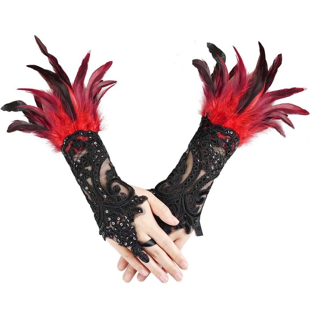 Retro Sequins Feather Lace Gloves Gothic Women Halloween Arm Sleeves Halloween Feather Gloves  Ball