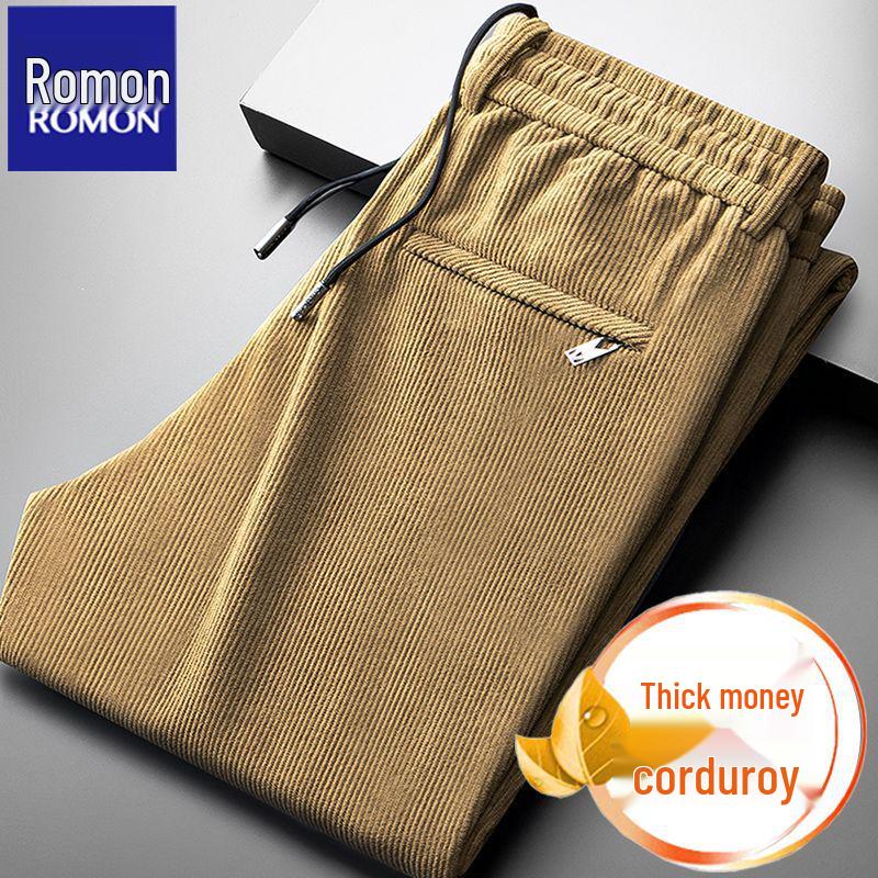 Romon Men's Fleece-Lined Corduroy Pants, Thickened Elastic Waist, Autumn/Winter Warm Casual Style.