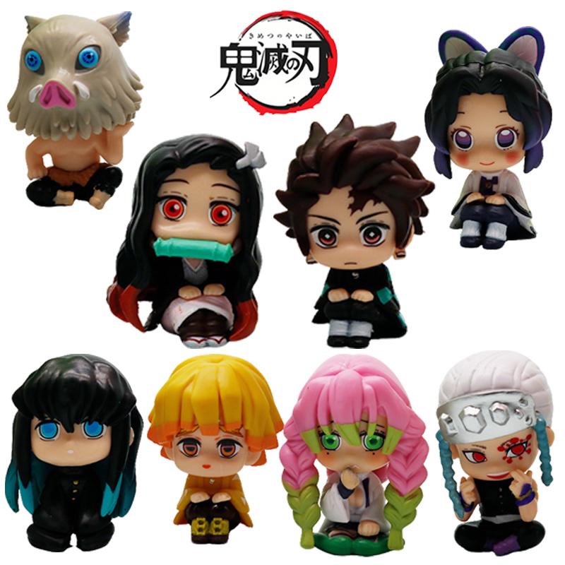 8Pcs/Set Demon Slayer Anime Figure Toy-Kimetsu No Yaiba Q Version Tanjiro Nidouzi Inosuke Zenizu Pvd Figurine Model Doll Gift