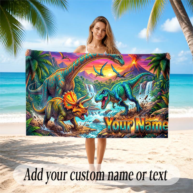 Dinosaur Theme Quick Dry Beach Towel Custom Name Text Print Large Sand Resistant Towel Beach Vacation