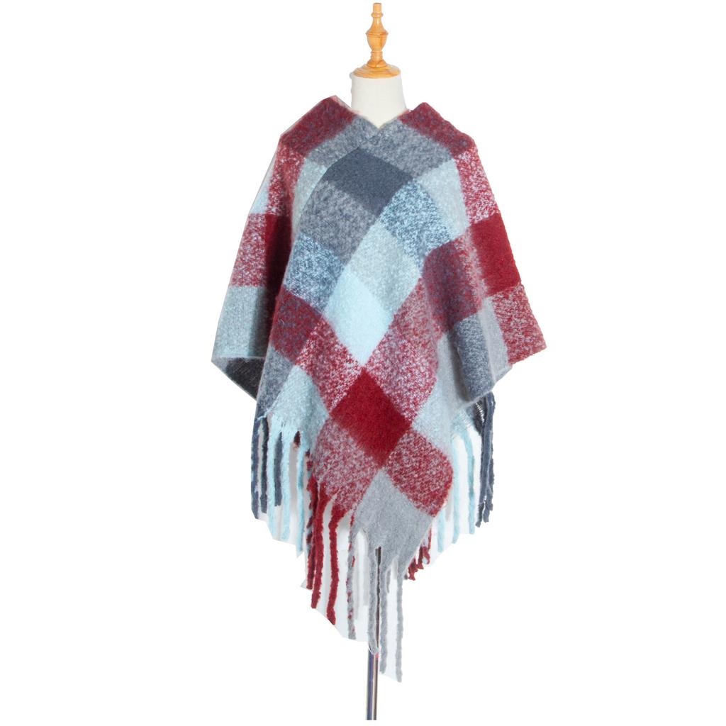 Winter Ladies Circle Yarn Thick Tassels Cape Thick Color Plaid Shawl Scarf
