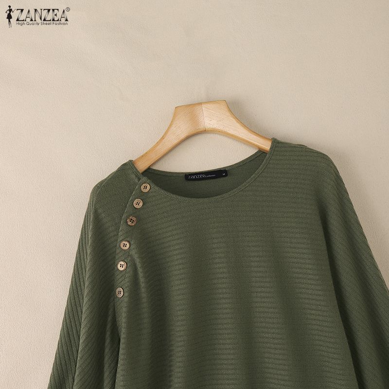 ZANZEA Women Casual Round Neck Solid Color Long Sleeve Retro Blouse