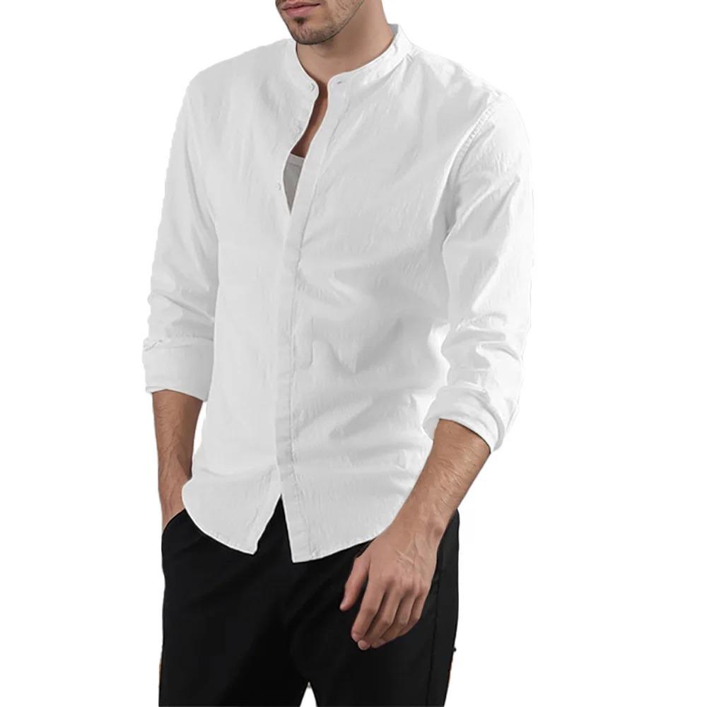 

Чоловіча лляно-бавовняна сорочка з коміром-мандарин, з довгим рукавом, повсякденна, легка, дихаюча, однотонна, на ґудзиках XXXL білий