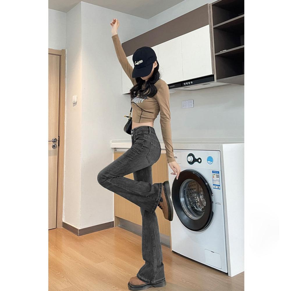 Herbst und Winter neue vielseitige Micro-Pull-Doppelknopf-Jeans Damen kleine amerikanische Retro-High-Waist-Schlankmachende Schlaghosen