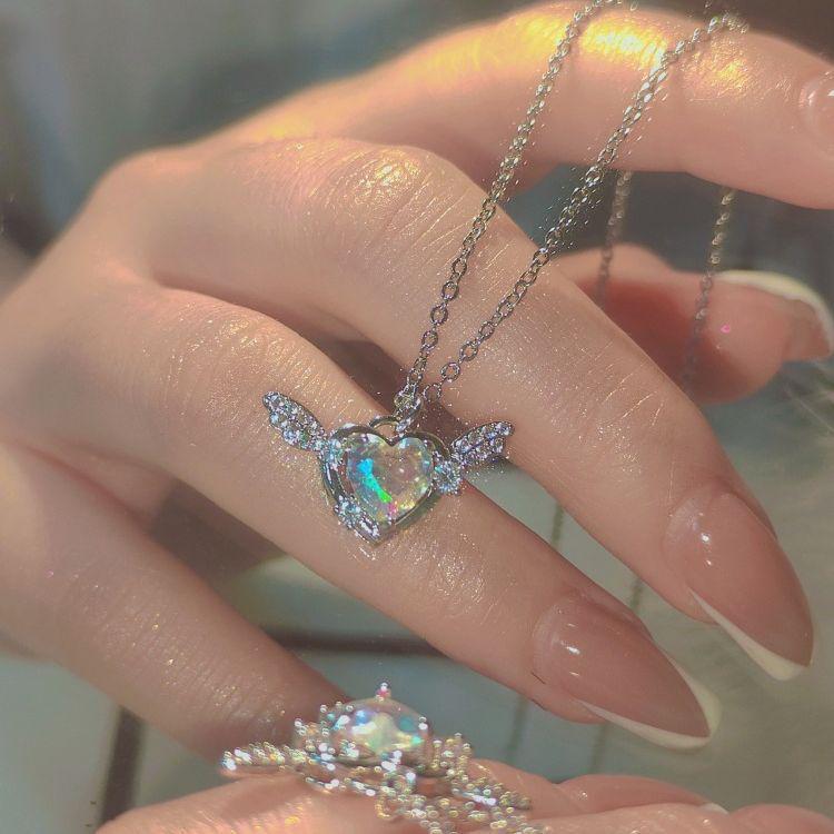 Iridescent Zirconia Heart Angel Wings Necklace for Women