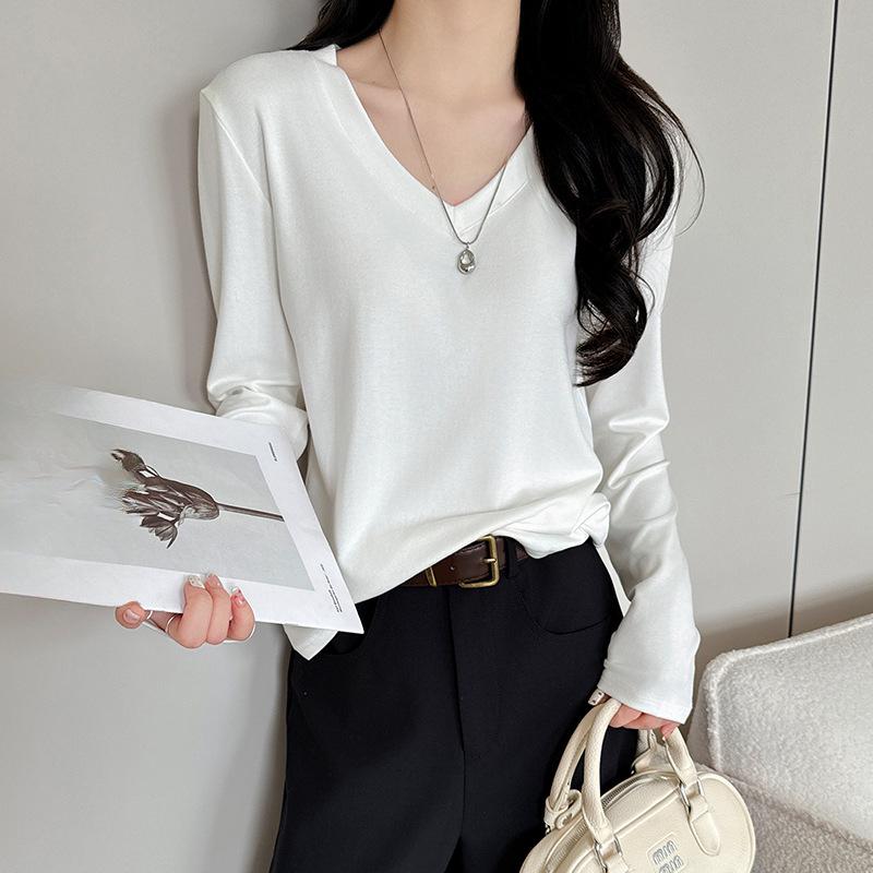 

Серая футболка с V-образным вырезом и длинными рукавами Женская Весна и Осень Новая Свободная Облегающая Базовая Рубашка с Высококлассным Универсальным Топом Внутри S белый