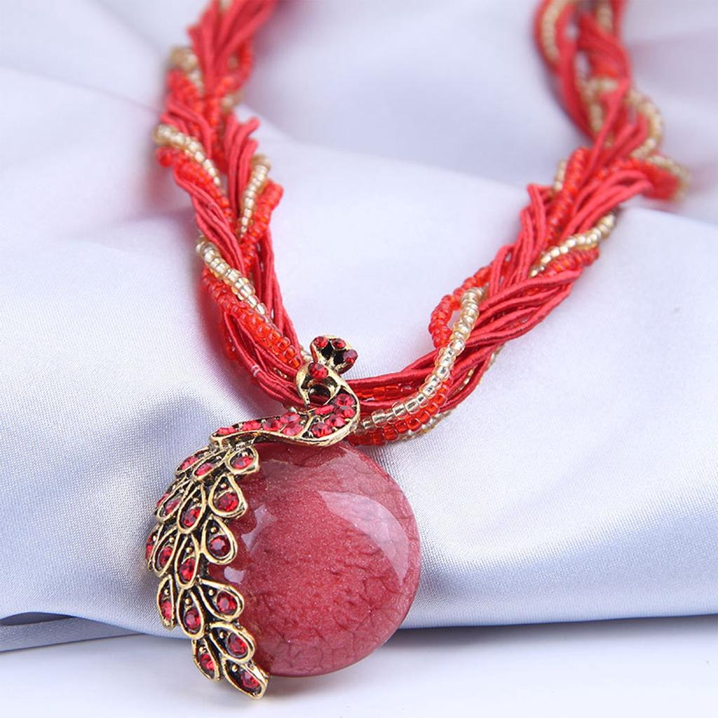 Bohemian Peacock Gemstone Temperament Women's Retro Rice Bead Necklace Sweater Chain Ethnic Pendant Woven Rope