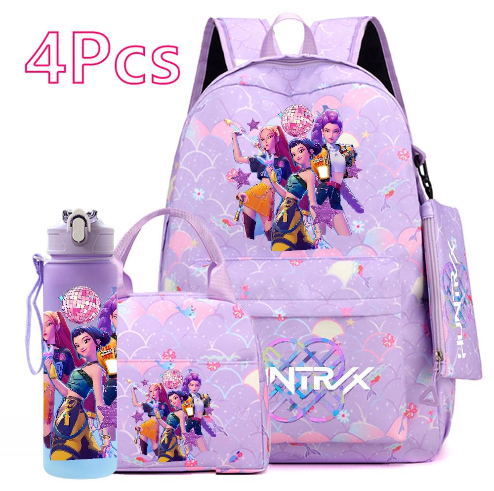 4 Adet/set KPOP Sırt Çantası El Çantası Kalemlik 750Ml Matara Genç Erkek Kız İçin Büyük Kapasiteli Kitap Çantası Karikatür Baskılı Okul Çantası Mochila