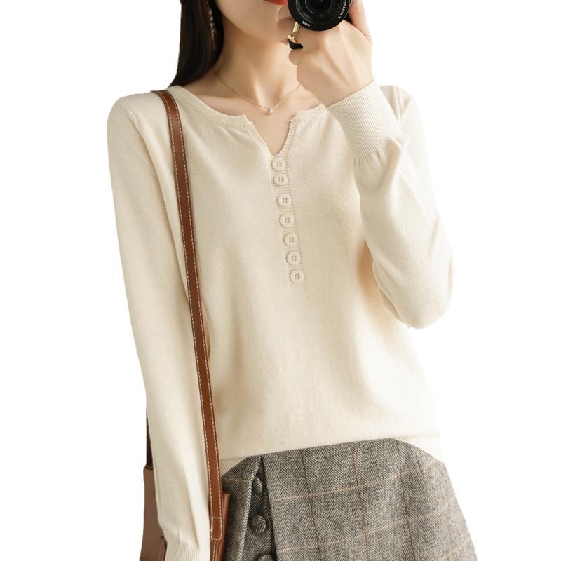 Damestrui met knopen - gebreide trui casual V-hals gebreide cardigan pullover eenvoudige veelzijdige losse tops met elastische manchetten licht en luchtige shacket lange mouwen in effen kleur, blauw
