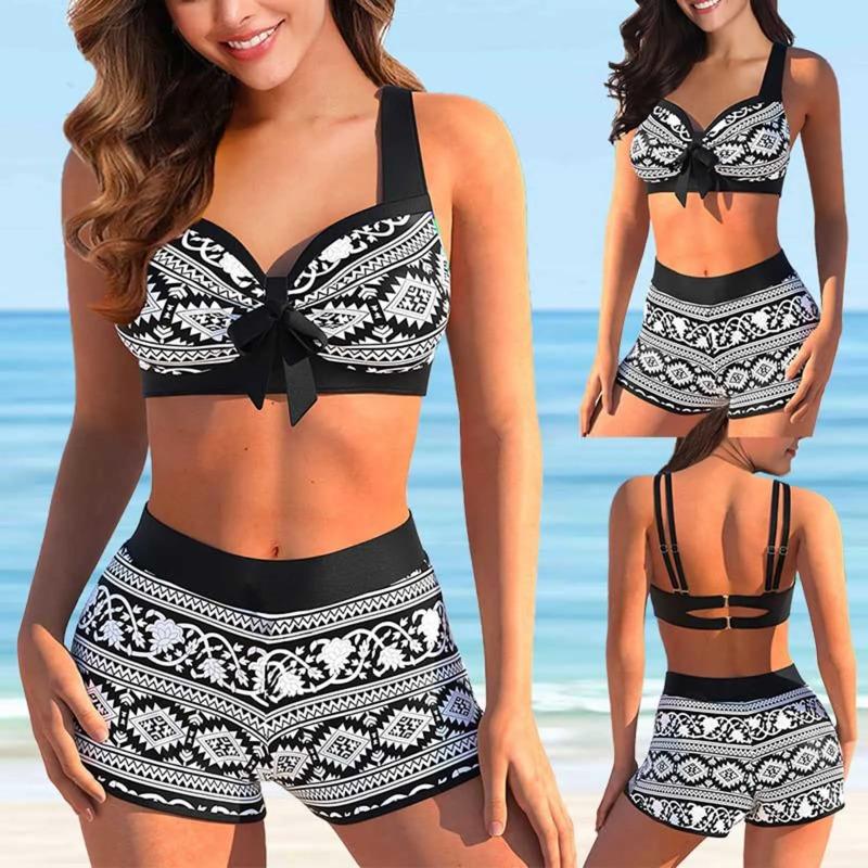 Two Piece Sexy Ladies Split High Waist Printed Bikini Female Fashion Vintage Swimwear with Bra Pads and No Steel Bra Swimsuit
