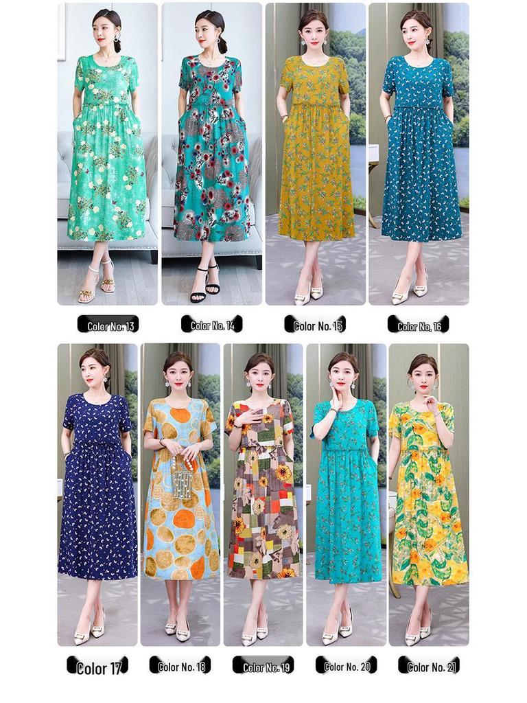 Plus Size Floral Cotton-Silk Dress for Women - Summer Fashion, Elegant Long Swing Dress