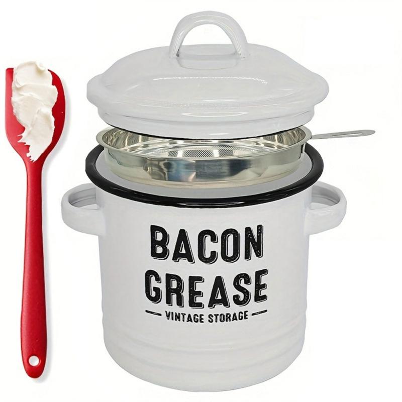 652F Enamel Bacons Grease Storage Container Jar with Strainer And Silicone Spatula Tool For Flavor Preserving Fat Keeper Box
