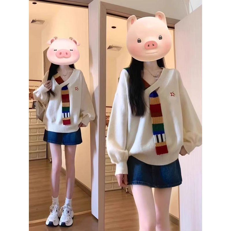 

Rainbow Patchwork Loose Preppy Style V-neck Sweater Black(High quality) S(Suggested 37.50 kg-47.50 kg)