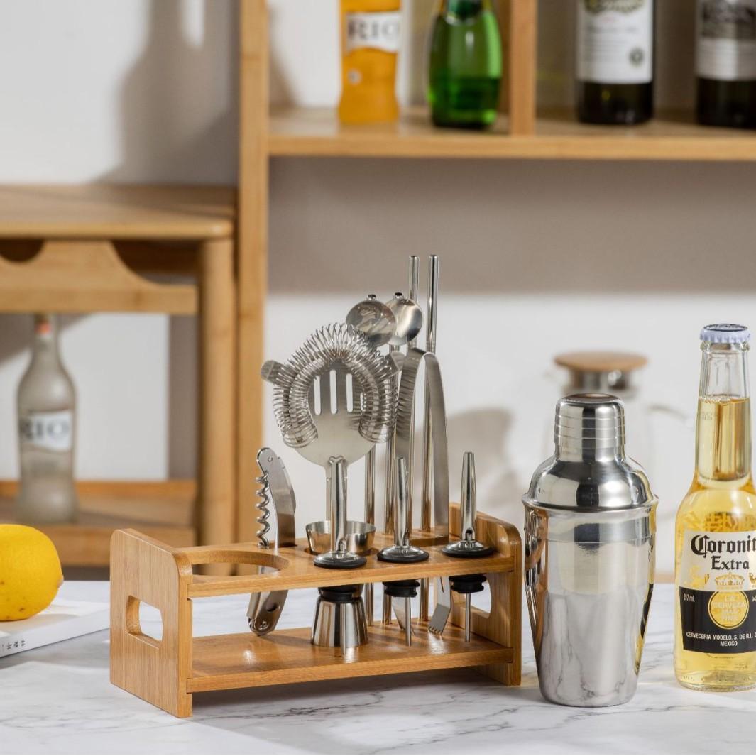 Stainless Steel Cocktail Shaker Set Bamboo Rack Barware Set 350ml 550ml