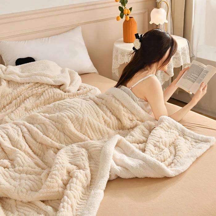 2024New Jacquard AB Edition Tafu Fleece Lamb Fleece Multi functional Blanket Double layer Thickened Office Napping Blanket Cover