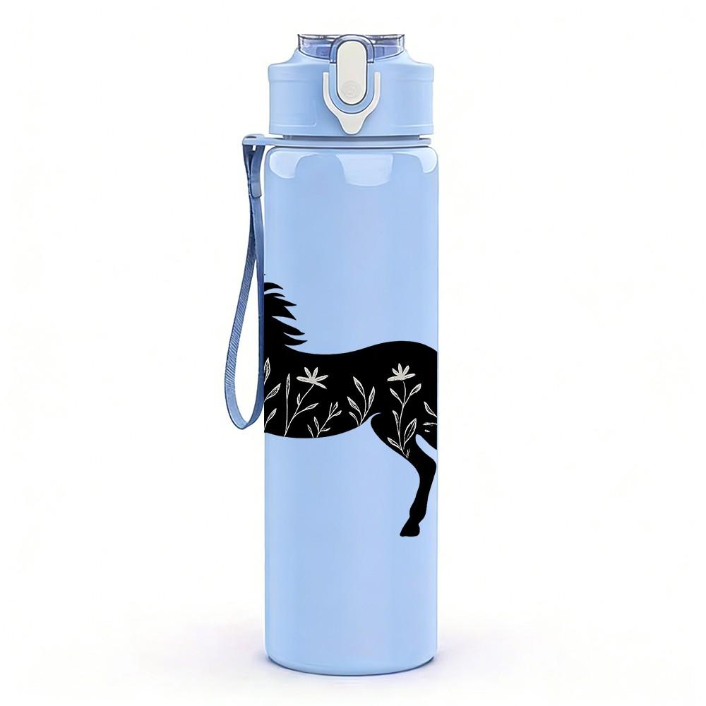 1PC Galloping Black Horse Silhouette 750ml Color Plastic Sports Water Bottle Leakproof Flip Straw Lid Suitable for Sports Office Home Use