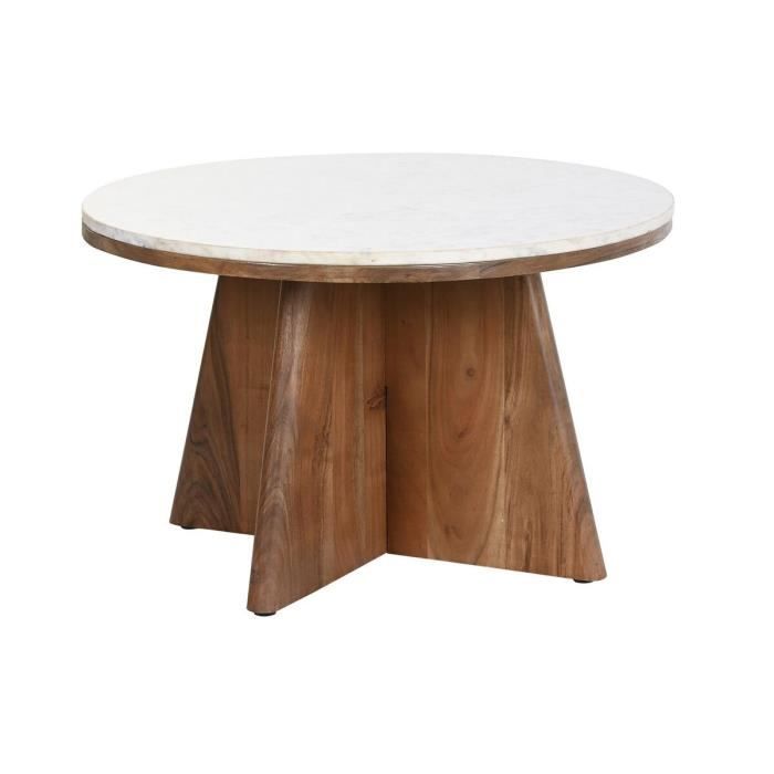 Table Basse - Acacia - Marbre - 70 Cm - Blanc - Marron - Moderne