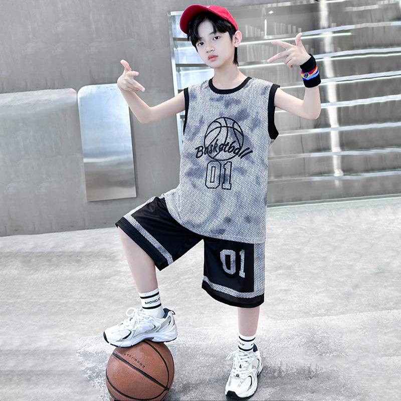 Boys Summer Quick Dry Basketball Vest Suit 5-14 Years Fashion Sleeveless T-shirt + Shorts 2-piece Kids Thin Sports Set