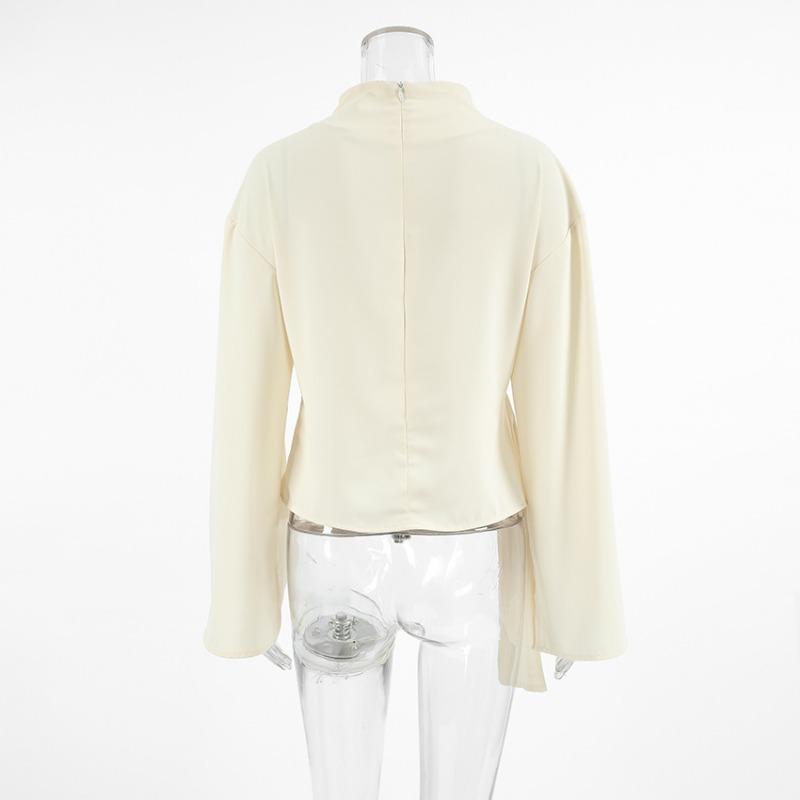 French Style Stand Collar Chiffon Flared Sleeve Pleated Split Shirt