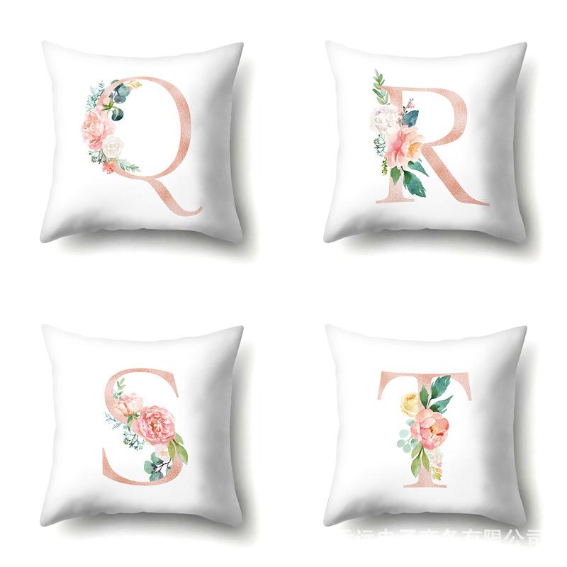 Polyester Pillowcase Home Pink Floral Decorative Print Pillowcase 26 English Letter Cushion Cover