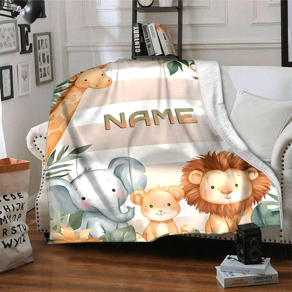 Jungle Animals With Space Gift Personalized Blanket Personalized Name Durable Comfort Great For Sofa Couch Office Bed Picnics Four Seasons