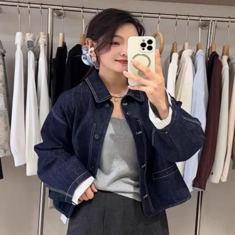 

Korean Style Striped Cuff Lapel Denim Jacket for Women - Versatile Petite Spring 2025 Design Large