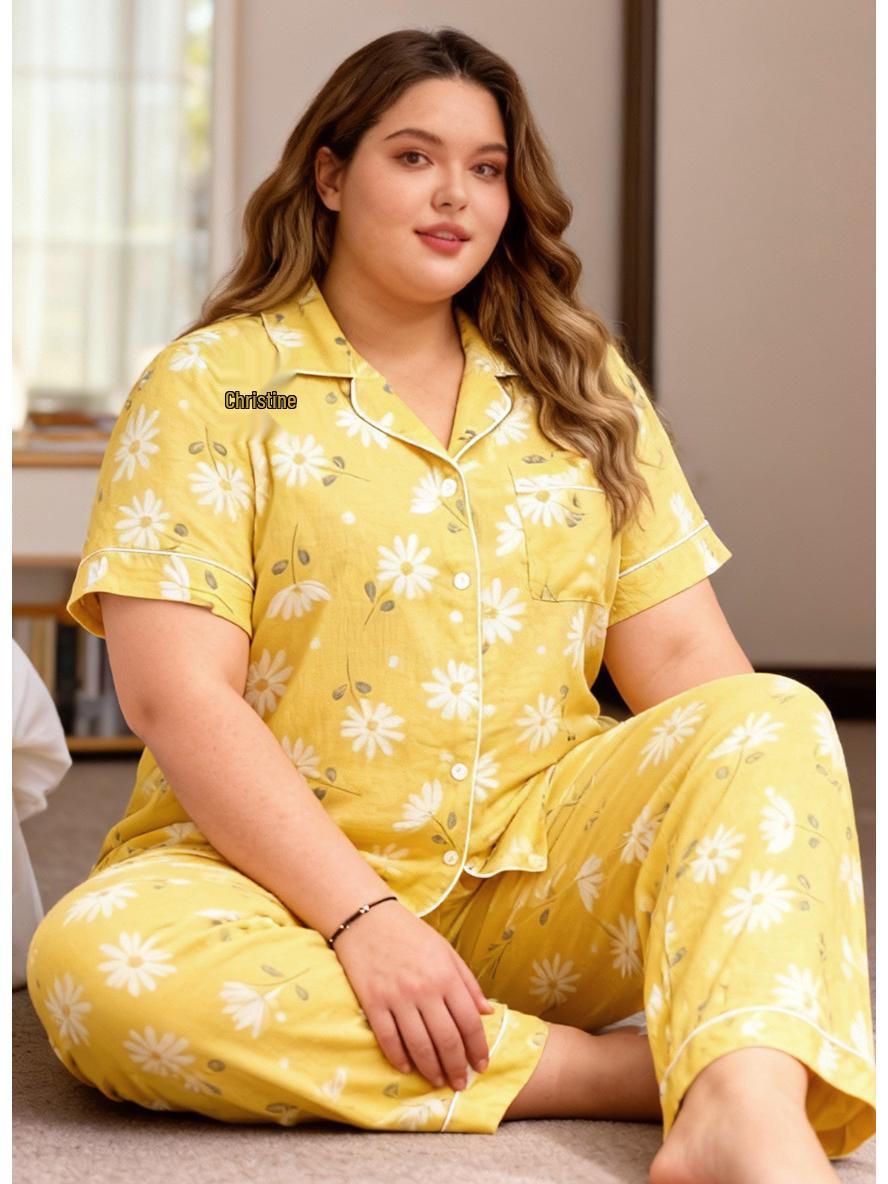 

Цветочный праздничный пижамный комплект большого размера для женщин - с коротким рукавом, отложным воротником, длинными штанами 4XL